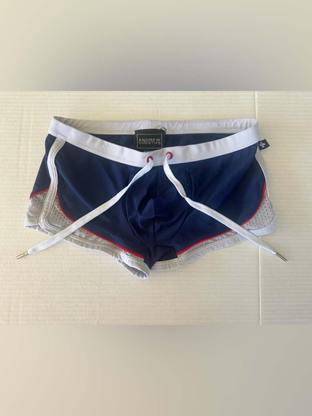 Andrew Christian Men’s Navy Mesh Swim Trunks - Size Medium